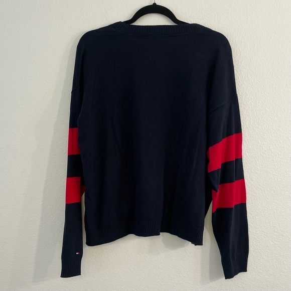 Tommy Hilfiger Women's Cropped Double Heart Sweater Navy Crewneck Size Large. - Picture 4 of 12